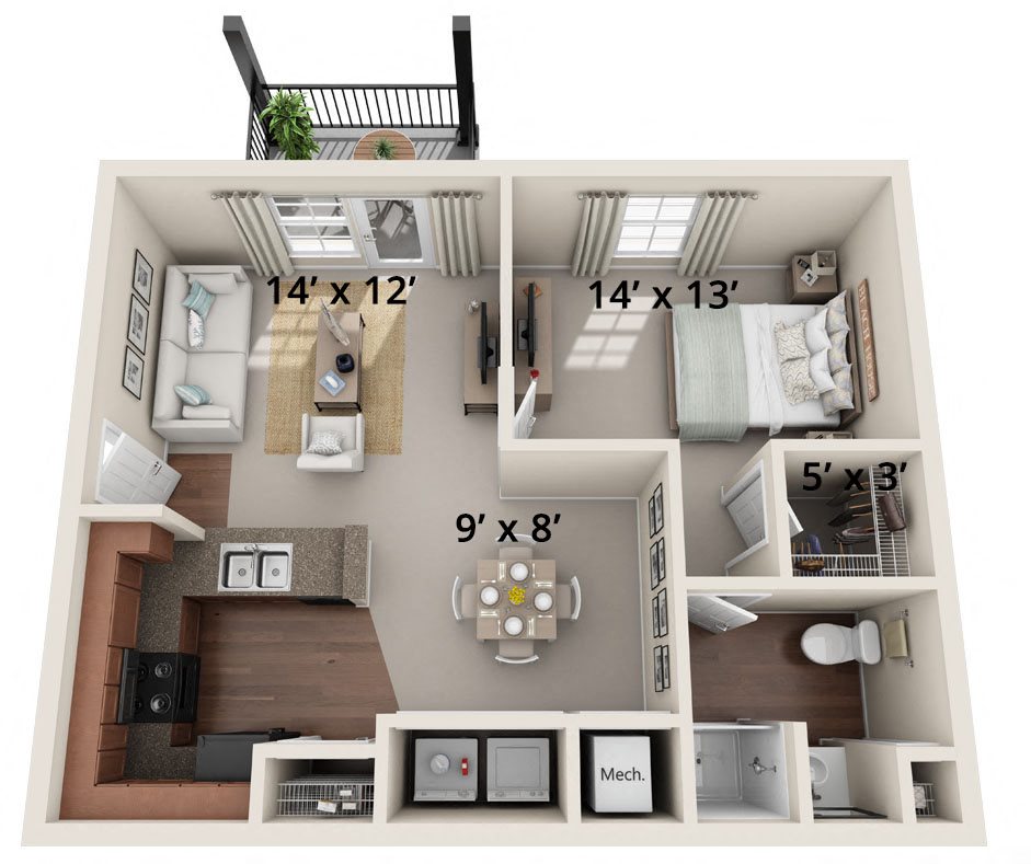 One Bedroom, One Bath (B) Floor Plan 2